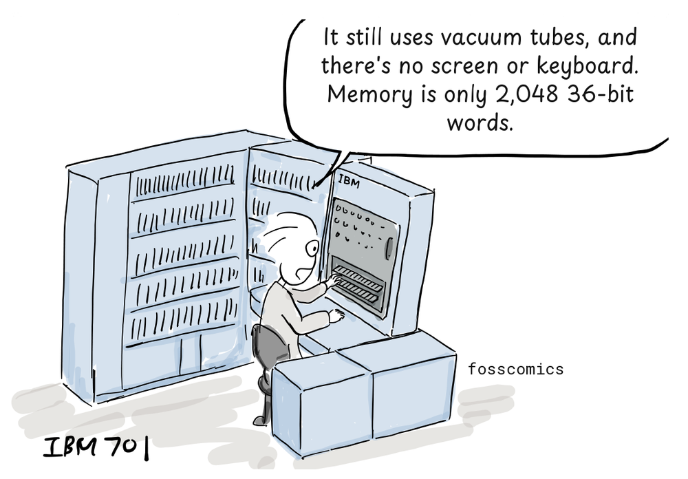 Joone, having traveled back to the 1950s, examines the console of a room-sized IBM 701 computer.